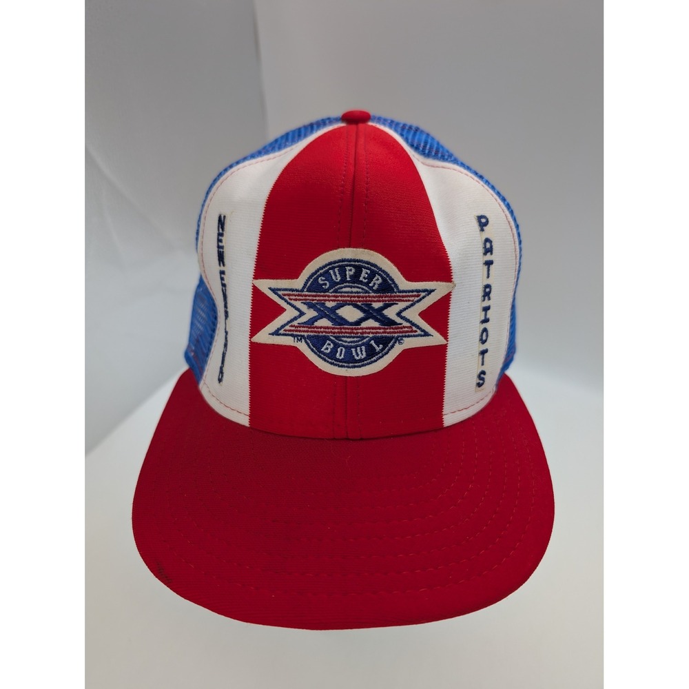 Vintage 80s New England Patriots Super Bowl XX Snapback Hat AJD Lucky Stripe